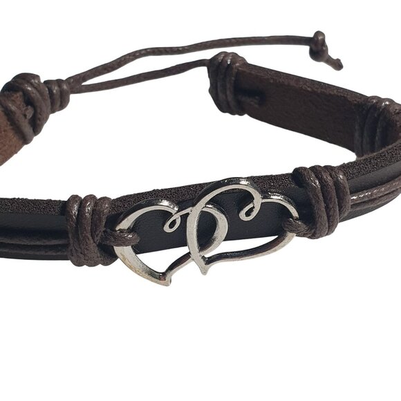 Leather Bracelet Intertwined Hearts Adjustable Brown Dark Silver Tone Jewelry - Picture 2 of 5